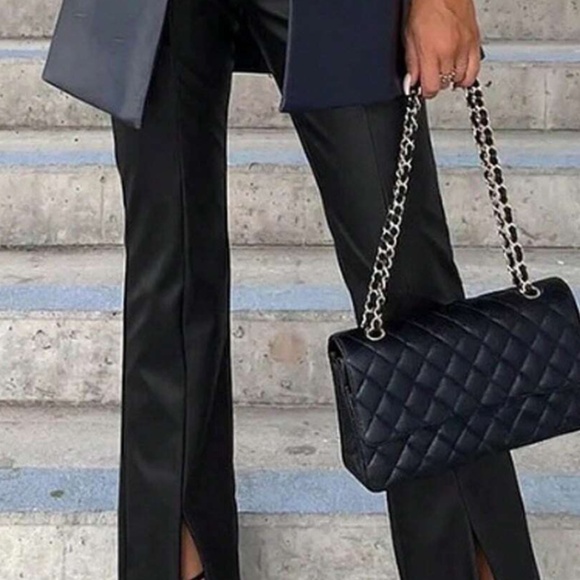 Luxe Black Vegan Leather Split Hem Pants - Picture 3 of 4